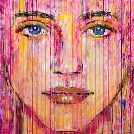 Goldene rosa Dame | Gemälde Porträt Frau mit Streifen von Anja Namink - Gemälde