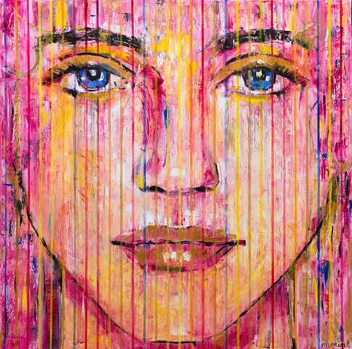 Golden pink lady | painting portrait woman with stripes by Anja Namink - Paintings