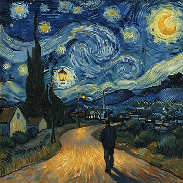 Alleen wandelen onder de wervelende nachtelijke hemel