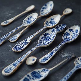 A delft blue earthenware spoons on dark background. by J.a Dijkstra