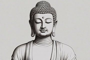 Serene Boeddha in minimalistische lijnkunst van De Muurdecoratie