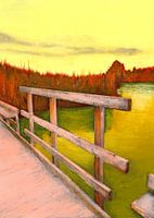 Rosa Holzbrücke auf einem goldenen See in einer surrealen Farbpalette.