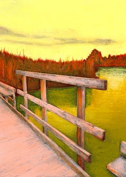 Pont en bois rose sur un lac doré dans une palette de couleurs surréalistes. sur Ellen Wels