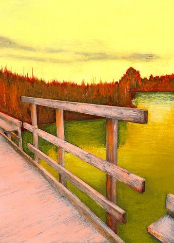 Rosa Holzbrücke auf einem goldenen See in einer surrealen Farbpalette.