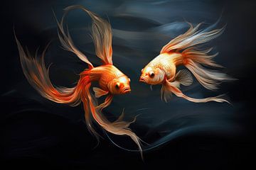 Splendeur dorée - Deux poissons rouges sur fond sombre sur Digitale Schilderijen