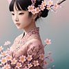 Fille japonaise avec des fleurs roses sur Hilde Remerie Photographie et art numérique