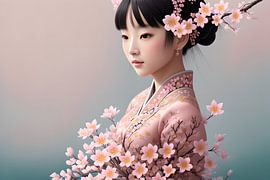 Japanese girl with pink flowers by Hilde Remerie Photography and digital art