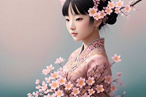 Japanisches Mädchen mit rosa Blumen