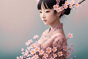 Japans meisje met roze bloemen van H.Remerie Photography and digital art