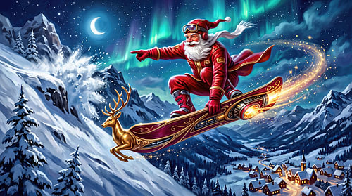 Father Christmas on a snowboard, gliding through the Northern Lights