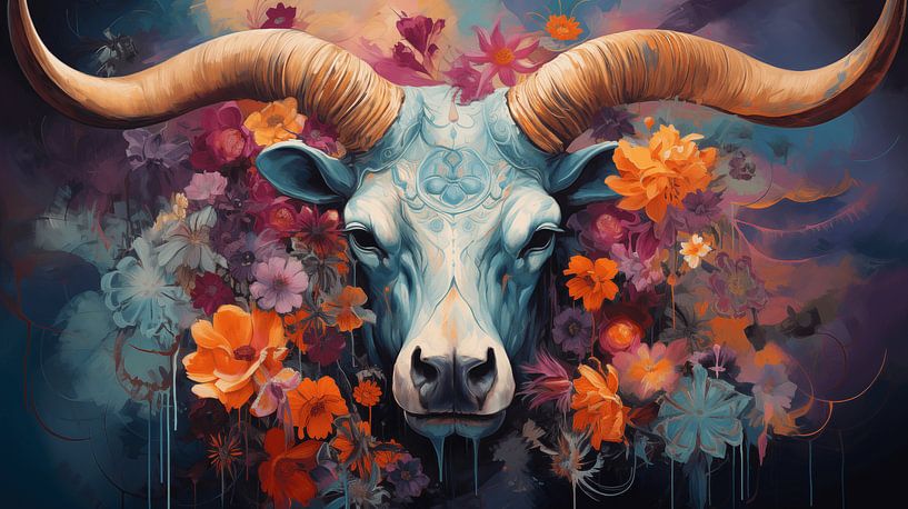 majestätischer Stier mit lebendigen Blumen, die seine Hörner schmücken, Kunstdesign-Gemälde von Animaflora PicsStock