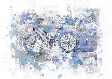 Aquarel kunstwerk van een fiets met blauw en lila kleuren van Emiel de Lange