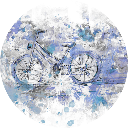 Aquarel kunstwerk van een fiets met blauw en lila kleuren