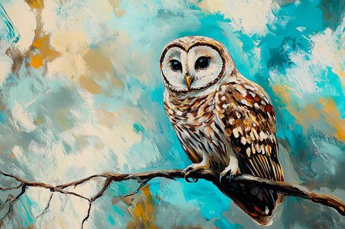 Levendige uil op artistieke achtergrond