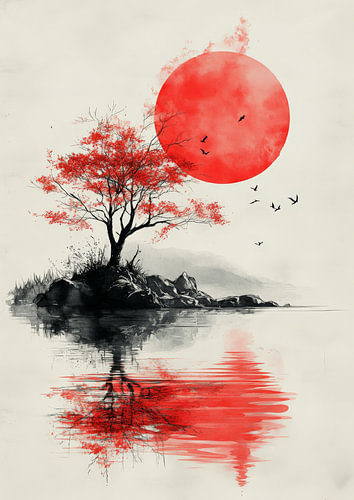 Red Sun Over Japanese Tree