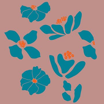 Flower market. Modern botanical art in turquoise, orange, light brown by Dina Dankers