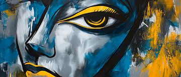 Regard d'un visage abstrait en bleu-jaune sur Poster Art Shop