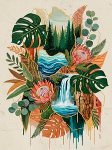 Design biophilique moderne avec fleurs exotiques et cascade