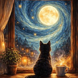 Katze beobachtet den Vollmond – Gemütliche Nacht am Fenster von Dodik Hariyono
