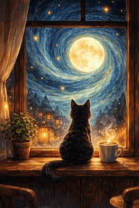 Cat Watching the Full Moon – Cozy Night Window Scene