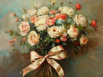 Ein sonnendurchfluteter Strauß aus cremefarbenen und rosafarbenen Rosen, gebunden in Seide von Artistic