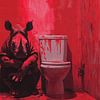 Rhinocéros dans une salle de bain éclairée en rouge avec un aspect Street-Art intense sur Eva Lee