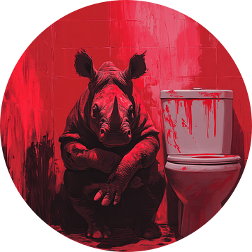 Neushoorn in Rood Verlichte Badkamer met Intense Street-Art Uitstraling