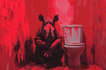 Neushoorn in Rood Verlichte Badkamer met Intense Street-Art Uitstraling van Eva Lee