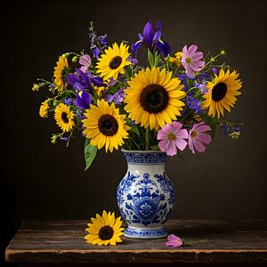 Tournesols sur vase bleu delft