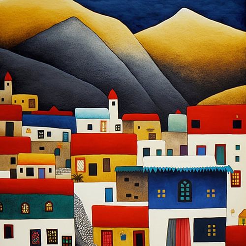 Naïeve kunst nederzetting gestileerde kleurrijke huizen bergen grafisch