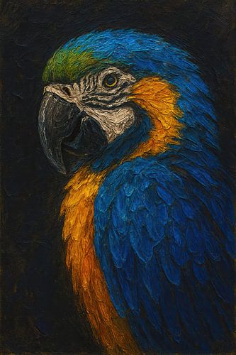 De wachter van het regenwoud (schilderij blauw-gele ara kleurrijke vogel exotisch tropisch papegaai)