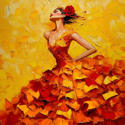 Sensuele danseres in rood en gele tinten