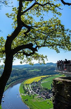 Aerial view of the rural village of Rathen in the Elbe Sandstone Mountains in eastern Germany with the river Elbe from the vertical Bastei region by Animaflora PicsStock