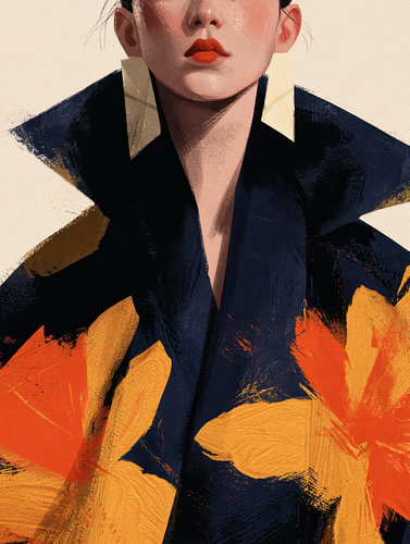 Portrait moderne et minimaliste d'une femme vêtue d'une robe bleue et ocre sur Egon Zitter