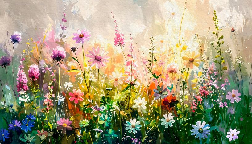Uitbundig  bloeiende zomerse veldbloemen. van Studio Pieternel
