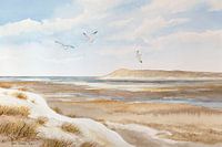 Duinlandschap aquarel met zicht op natuurgebied De Slufter op Texel