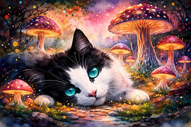 Eine niedliche Katze zwischen psychedelischen Pilzen