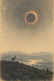 A stag in the Nebeltal valley beneath a dark sun