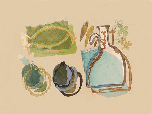 Still life with bottle and fish