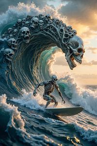 Dark Fantasy Wandbild: MORTISURF – Ein untoter Surfer vor einer Welle des Todes