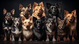 Collage-Set aus verschiedenen Hunden isoliert auf schwarzem Hintergrund