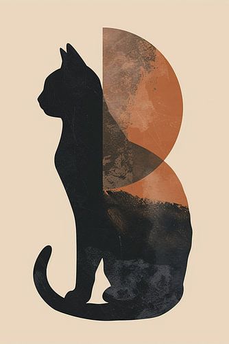 Minimalistische Kat en Maan in Aardetinten