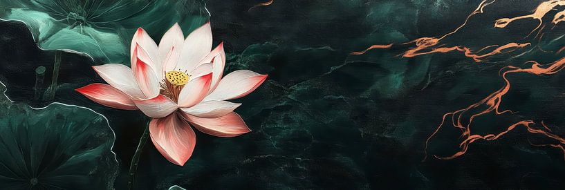 Light pink lotus flower with copper accents panorama by Digitale Schilderijen