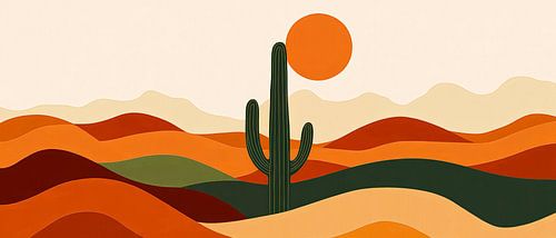 Woestijnlandschap met cactus en zon