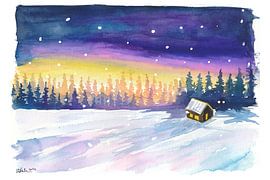 Cozy Cabin Under a Starry Winter Twilight Sky by Markus Bleichner