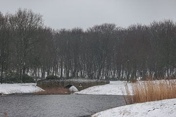 Historisch brugje Kasteel Westhove in de sneeuw
