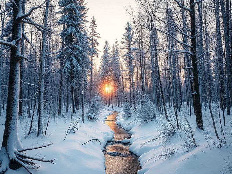 Un ruisseau de forêt serein baigné par la lumière dorée du coucher de soleil par Artistic