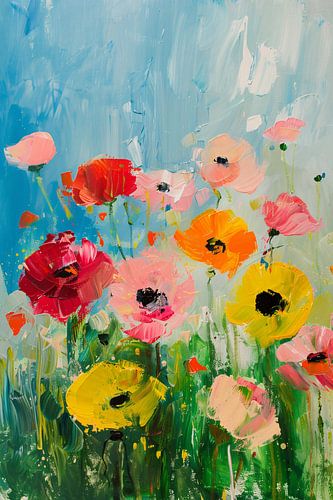 Abstracte kleurrijke bloemen in een veld