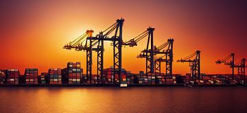 Containerhaven met kranen bij zonsondergang Illustratie van Animaflora PicsStock