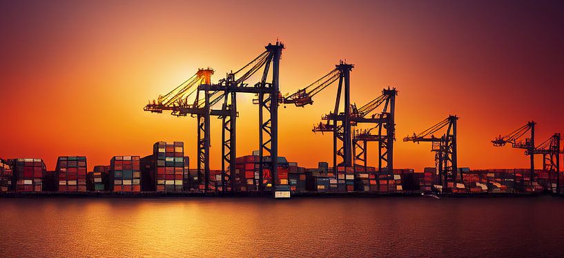 Container port with cranes at sunset Illustration by Animaflora PicsStock